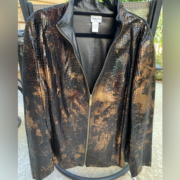 NWT Chicos Sz 3 (14-16) bronze, gold, black leather-like jacket. Zipper. Warm. - Picture 1 of 8